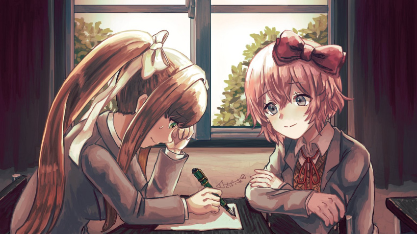 2girls blue_eyes bow brown_hair chair classroom closed_mouth crossed_arms curtains desk doki_doki_literature_club green_eyes long_hair monika_(doki_doki_literature_club) multiple_girls nervous paper pen pink_hair ponytail red_bow ribbon sabania_404 sayori_(doki_doki_literature_club) school school_desk school_uniform short_hair sitting smile sweat white_ribbon window writing