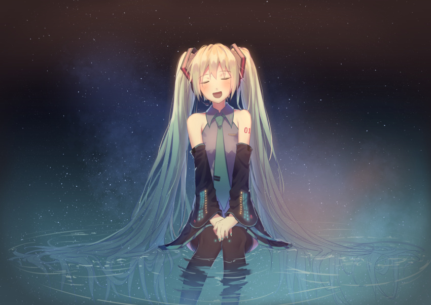1girl :d absurdly_long_hair black_legwear black_sleeves blush closed_eyes detached_sleeves floating_hair green grey_shirt hair_ornament hatsune_miku head_tilt headphones headset katee long_hair long_sleeves microphone necktie open_mouth shirt silver_hair sitting sky sleeveless sleeveless_shirt smile solo star_(sky) starry_sky thigh-highs twintails very_long_hair vocaloid wide_sleeves