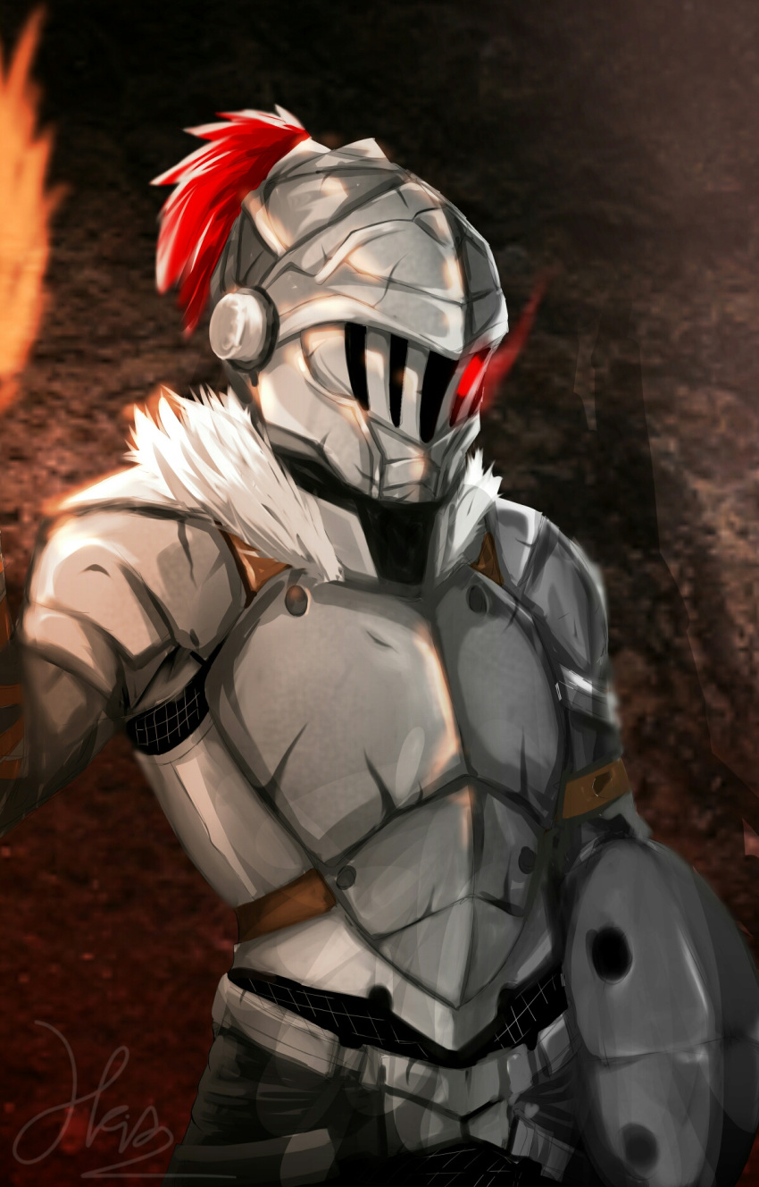 1boy armor fire glowing glowing_eyes goblin_slayer goblin_slayer! helmet highres plume ryuzaki_71 shield signature solo