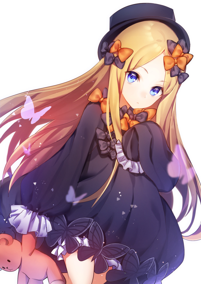 1girl abigail_williams_(fate/grand_order) bangs black_bow black_dress black_hat blonde_hair bloomers blue_eyes bow bug butterfly closed_mouth commentary dress dutch_angle eyebrows_visible_through_hair fate/grand_order fate_(series) forehead hair_bow hand_up hat highres holding holding_stuffed_animal insect long_hair long_sleeves looking_at_viewer orange_bow parted_bangs popupi simple_background sleeves_past_fingers sleeves_past_wrists solo stuffed_animal stuffed_toy symbol_commentary teddy_bear underwear very_long_hair white_background white_bloomers