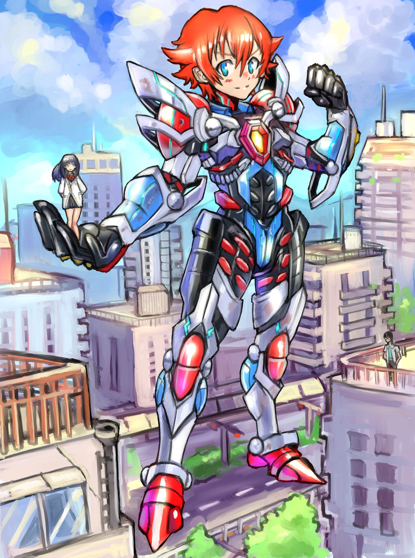 1girl 2boys blue_eyes building clenched_hand clouds cosplay giant gridman_(ssss) gridman_(ssss)_(cosplay) hibiki_yuuta highres male_focus multiple_boys oomasa_teikoku redhead solo_focus ssss.gridman takarada_rikka utsumi_shou