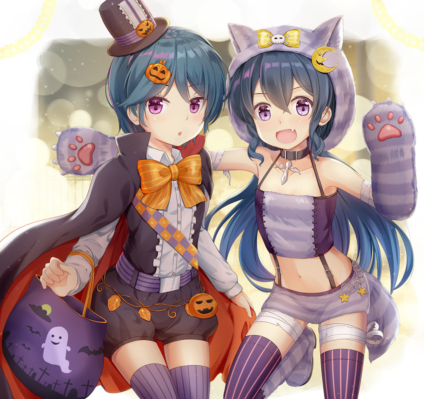 2girls :d :o animal_ears animal_hood bag bandage bandaged_leg bandages bangs bare_shoulders belt belt_buckle black_cape black_shorts blue_hair blush boots bow brown_hat buckle cape cat_ears cat_hood center_frills collarbone collared_shirt commentary_request dress_shirt elbow_gloves eyebrows_visible_through_hair fang frills gloves hair_between_eyes hair_ornament halloween hand_up hat hood jack-o'-lantern jack-o'-lantern_hair_ornament knee_boots long_hair long_sleeves looking_at_viewer migumi_(niiya) minami_(niiya) mini_hat mini_top_hat multicolored multicolored_cape multicolored_clothes multiple_girls navel niiya open_mouth orange_bow orange_cape original outstretched_arm parted_lips paw_gloves paws puffy_shorts purple_belt purple_footwear purple_legwear purple_skirt shirt short_shorts shorts siblings sisters skirt smile standing standing_on_one_leg striped striped_bow striped_footwear striped_gloves striped_legwear striped_skirt tilted_headwear top_hat vertical-striped_legwear vertical_stripes very_long_hair violet_eyes white_shirt yellow_bow