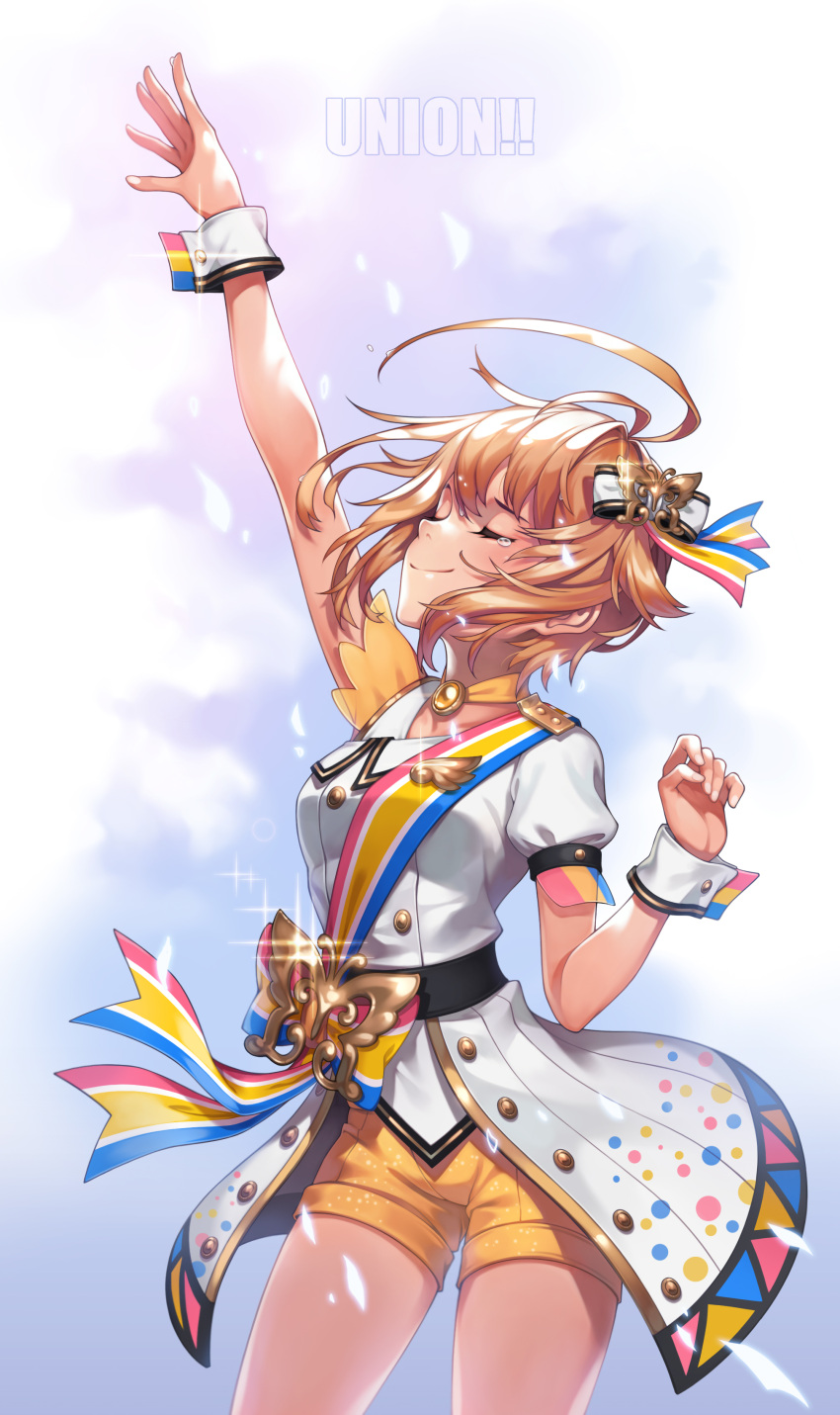 1girl absurdres ahoge arm_up bangs blonde_hair blue_background blue_ribbon bow butterfly_ornament buttons choker closed_eyes closed_mouth commentary_request cowboy_shot dress fingernails glint gradient gradient_background hair_between_eyes hair_bow hand_up highres ibuki_tsubasa idolmaster idolmaster_million_live! idolmaster_million_live!_theater_days jewelry light_particles machi_(machi333) mismatched_sleeves multicolored multicolored_ribbon outstretched_arm pendant print_dress puffy_short_sleeves puffy_sleeves red_ribbon ribbon shiny shiny_hair short_dress short_hair short_sleeves shorts shorts_under_dress single_tear smile solo song_name sparkle standing striped striped_bow striped_ribbon sweat tears wet wet_hair white_background white_bow white_dress wrist_cuffs yellow_choker yellow_ribbon yellow_shorts