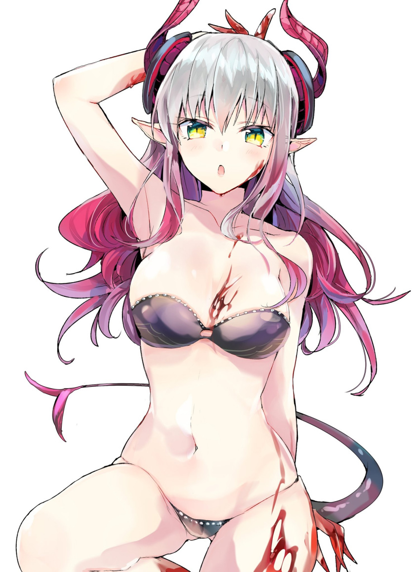 1girl armpits asymmetrical_horns bangs bare_arms bare_shoulders black_bra black_choker black_panties blood bra breasts carmilla_(fate/grand_order) choker collarbone commentary_request curled_horns dragon_girl dragon_horns dragon_tail elizabeth_bathory_(fate) elizabeth_bathory_(fate)_(all) eyebrows_visible_through_hair fate/extra fate/extra_ccc fate/grand_order fate_(series) gluteal_fold gradient_hair green_eyes hair_between_eyes highres horns long_hair looking_at_viewer medium_breasts multicolored_hair navel panties parted_lips pink_hair pointy_ears silver_hair simple_background solo tail tomozero transformation underwear underwear_only white_background