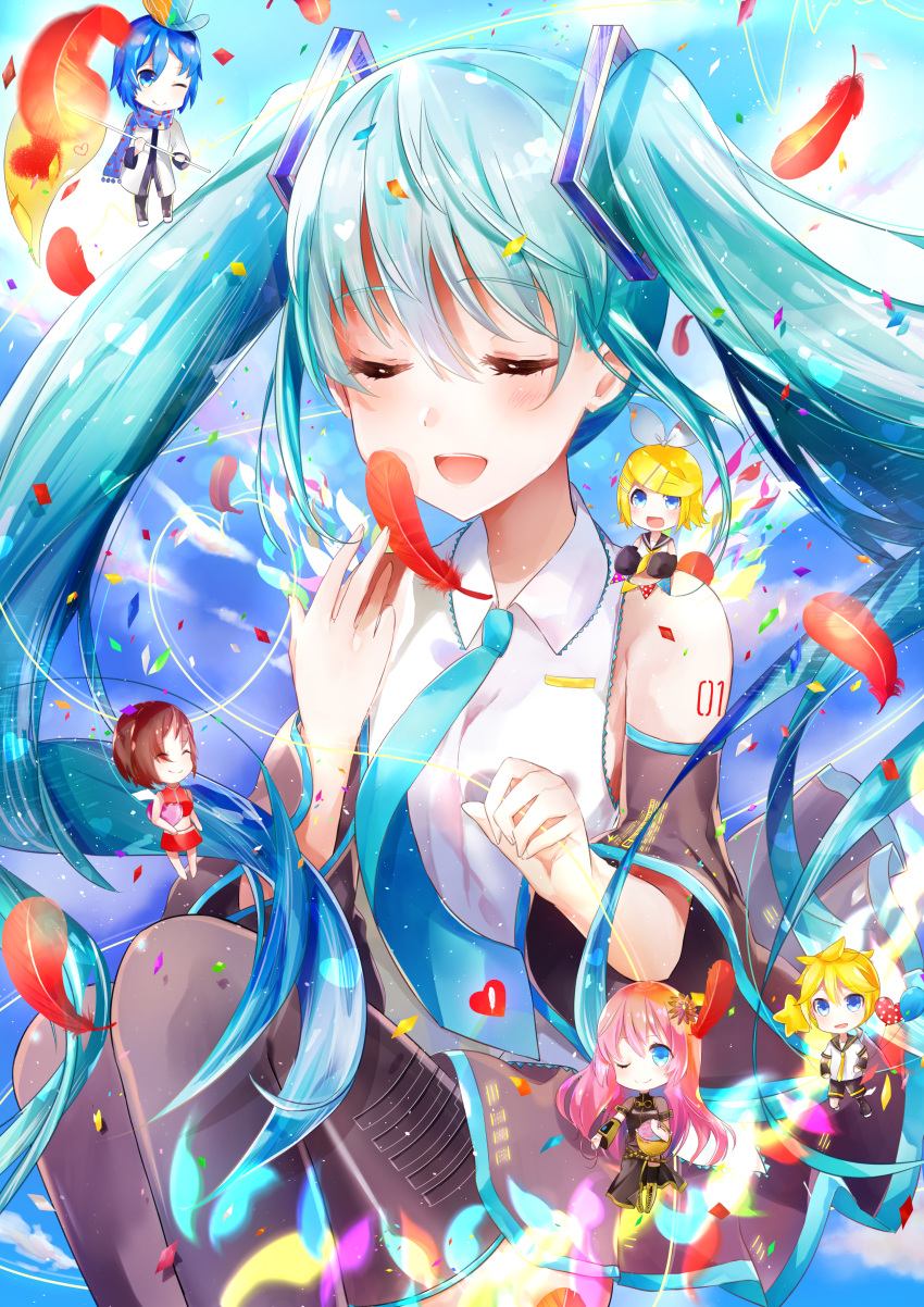 1girl :d ;) absurdres black_legwear black_skirt black_sleeves blonde_hair blue_card blue_eyes blue_hair blue_neckwear blush bow brown_eyes brown_hair character_doll closed_eyes crop_top detached_sleeves floating_hair hair_bow hatsune_miku highres holding huge_filesize kagamine_len kagamine_rin kaito long_hair megurine_luka meiko miniskirt necktie one_eye_closed open_mouth pink_hair red_feathers red_skirt shirt short_hair skirt sleeveless sleeveless_shirt smile thigh-highs tsukasa_(pixiv34617881) twintails very_long_hair vocaloid white_bow white_shirt