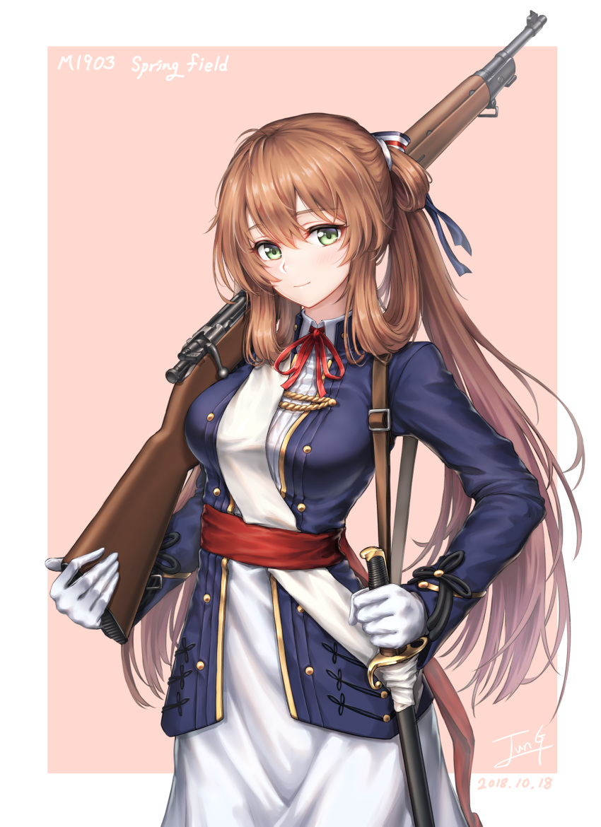 1girl american_flag baek_hyang bangs blazer blush bolt_action breasts brown_hair dress eyebrows_visible_through_hair girls_frontline gloves green_eyes gun hair_between_eyes hair_ribbon hair_rings highres holding jacket large_breasts long_hair looking_at_viewer m1903_springfield m1903_springfield_(girls_frontline) ponytail ribbon rifle sidelocks simple_background smile solo weapon white_dress