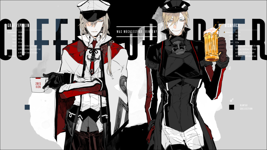 alcohol bangs beer beer_mug bismarck_(kantai_collection) black_gloves blonde_hair blue_eyes brown_gloves capelet crossed_arms cup genderswap genderswap_(ftm) gloves graf_zeppelin_(kantai_collection) grey_eyes hair_between_eyes hair_over_shoulder hair_tie hat holding holding_cup kantai_collection long_hair looking_at_viewer low_ponytail male_focus military military_hat military_uniform multiple_boys mzet necktie peaked_cap ponytail short_hair smile teacup translation_request uniform