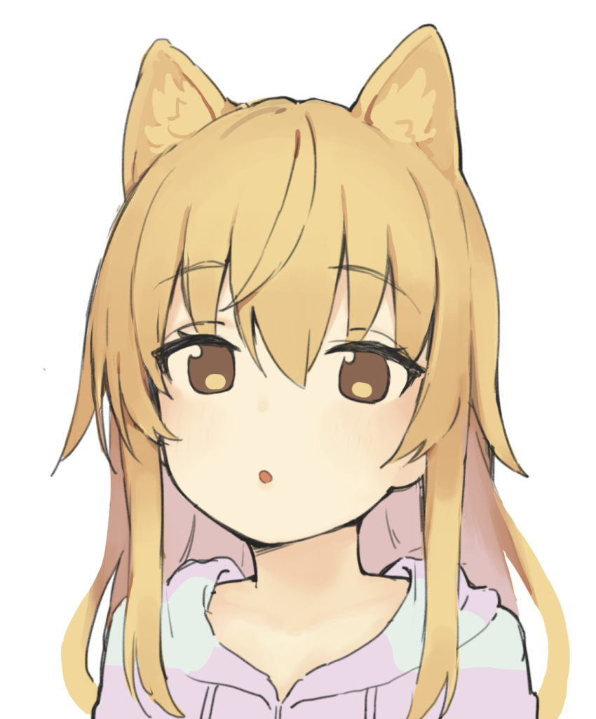 1girl :o animal_ear_fluff animal_ears bangs blush brown_eyes brown_hair cat_ears eyebrows_visible_through_hair hair_between_eyes highres hood hood_down hooded_jacket ienaga_mugi jacket kemonomimi_mode long_hair nijisanji parted_lips seramikku solo striped_jacket upper_body virtual_youtuber