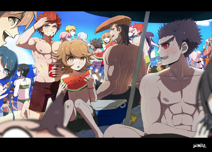 6+boys 6+girls abs adonis_belt alternate_hairstyle andou_ruruka artist_name asahina_aoi asahina_yuuta bikini black_hair blanko! blonde_hair blue_eyes cooler dangan_ronpa dangan_ronpa_1 dangan_ronpa_3 dark_skin double_bun eating enoshima_junko flipped_hair food fruit fujisaki_chihiro green_hair grey_eyes hagakure_yasuhiro hair_ribbon hairlocs heterochromia highres ice_cream ice_cream_cone ichino_sousuke ikusaba_mukuro ishimaru_kiyotaka izayoi_sounosuke kimura_seiko koizumi_mahiru kuwata_reon letterboxed long_hair looking_at_viewer maizono_sayaka male_swimwear mioda_ibuki multicolored_hair multiple_boys multiple_girls muscle naegi_makoto nidai_nekomaru nipples nishizawa_kiriko one-piece_swimsuit oogami_sakura oowada_mondo owari_akane pekoyama_peko pink_hair pompadour ponytail red_eyes redhead ribbon ringed_eyes sarong satou_(dangan_ronpa) school_swimsuit short_hair silver_hair sitting soda sonia_nevermind streaked_hair surgical_mask sweat swim_trunks swimsuit swimwear tsumiki_mikan two-tone_hair umbrella umesawa_aiko utsugi_kotoko v watermelon white_hair yamada_hifumi yellow_eyes zettai_zetsubou_shoujo