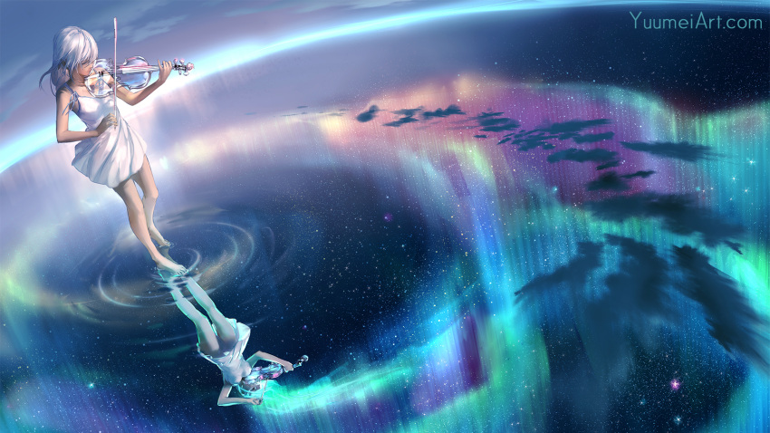 1girl aurora bangs barefoot commentary commission dress english_commentary highres holding instrument long_hair music original outdoors playing_instrument reflection ripples scenery sky solo standing star star_(sky) starry_sky violin violin_bow water wenqing_yan white_dress white_hair