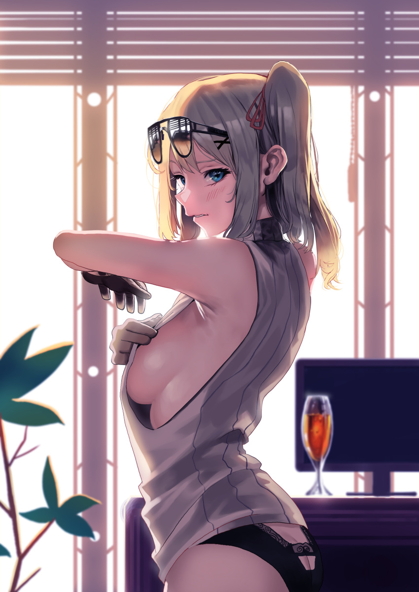 1girl absurdres adjusting_clothes armpits ass backlighting blinds blonde_hair blue_eyes blurry blurry_background blush breasts butt_crack commentary_request eyebrows_visible_through_hair eyewear_on_head girls_frontline gloves hair_between_eyes hair_ornament hair_ribbon highres ihobus indoors kalina_(girls_frontline) large_breasts lingerie long_hair looking_at_viewer parted_lips red_ribbon ribbed_sweater ribbon screen side_ponytail sideboob silver_hair solo sunglasses sunset sweater sweater_vest turtleneck turtleneck_sweater underwear window
