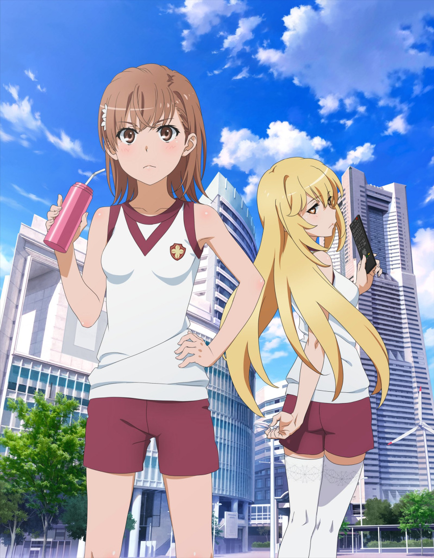 2girls arm_behind_back blonde_hair blue_sky breasts brown_eyes brown_hair building clouds day drinking_straw floating_hair gym_uniform hair_ornament hand_on_hip highres holding long_hair looking_at_viewer looking_back misaka_mikoto multiple_girls outdoors print_shirt purple_shorts shiny shiny_hair shiny_skin shirt shokuhou_misaki short_hair short_shorts shorts sky sleeveless sleeveless_shirt small_breasts standing star star-shaped_pupils symbol-shaped_pupils tanaka_yuuichi thigh-highs to_aru_majutsu_no_index very_long_hair white_legwear white_shirt wind_turbine windmill zettai_ryouiki