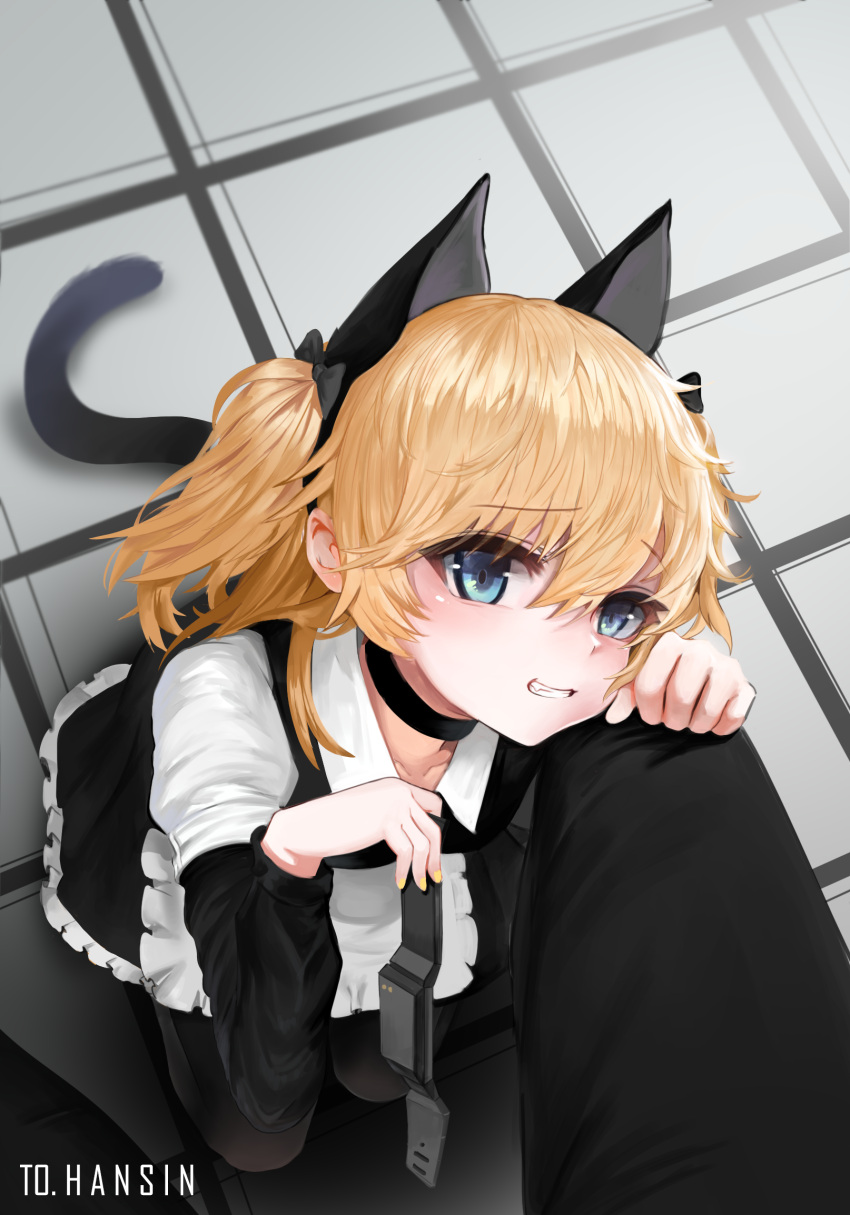 1boy 1girl alternate_costume animal_ears apron bangs black_legwear black_pants blonde_hair blue_eyes blush breasts cat_ears cat_tail choker collarbone dokomon dress enmaided eyebrows_visible_through_hair fake_animal_ears fake_tail fangs girls_frontline grin hair_between_eyes hairband hand_on_another's_knee highres holding huge_filesize kneeling long_hair looking_at_viewer maid maid_apron nail_polish pants pantyhose sidelocks small_breasts smile super_shorty_(girls_frontline) tail two_side_up yellow_nails