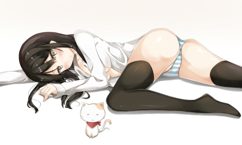 2girls ass black_hair black_legwear blush breasts cat collarbone dress_shirt eyebrows_visible_through_hair female female_focus female_only hair_between_eyes highres long_hair long_sleeves looking_at_viewer lying nosebleedable on_side open_clothes open_shirt original panties parted_lips shiny shiny_hair shiny_skin shirt simple_background small_breasts solo striped striped_panties sunoril thigh-highs under_boob underwear white_background white_shirt yellow_eyes