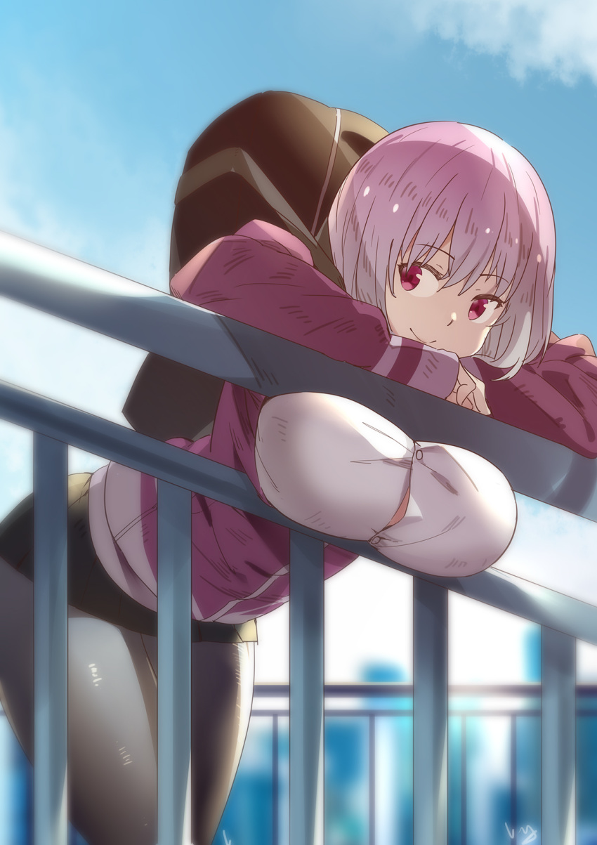 1girl bangs bent_over black_legwear breasts closed_mouth collared_shirt eyebrows_visible_through_hair highres jacket large_breasts lavender_hair legs_together long_sleeves looking_at_viewer nanaya_(daaijianglin) off_shoulder open_clothes outdoors pantyhose purple_jacket school_uniform shinjou_akane shirt short_hair skirt smile solo ssss.gridman white_shirt