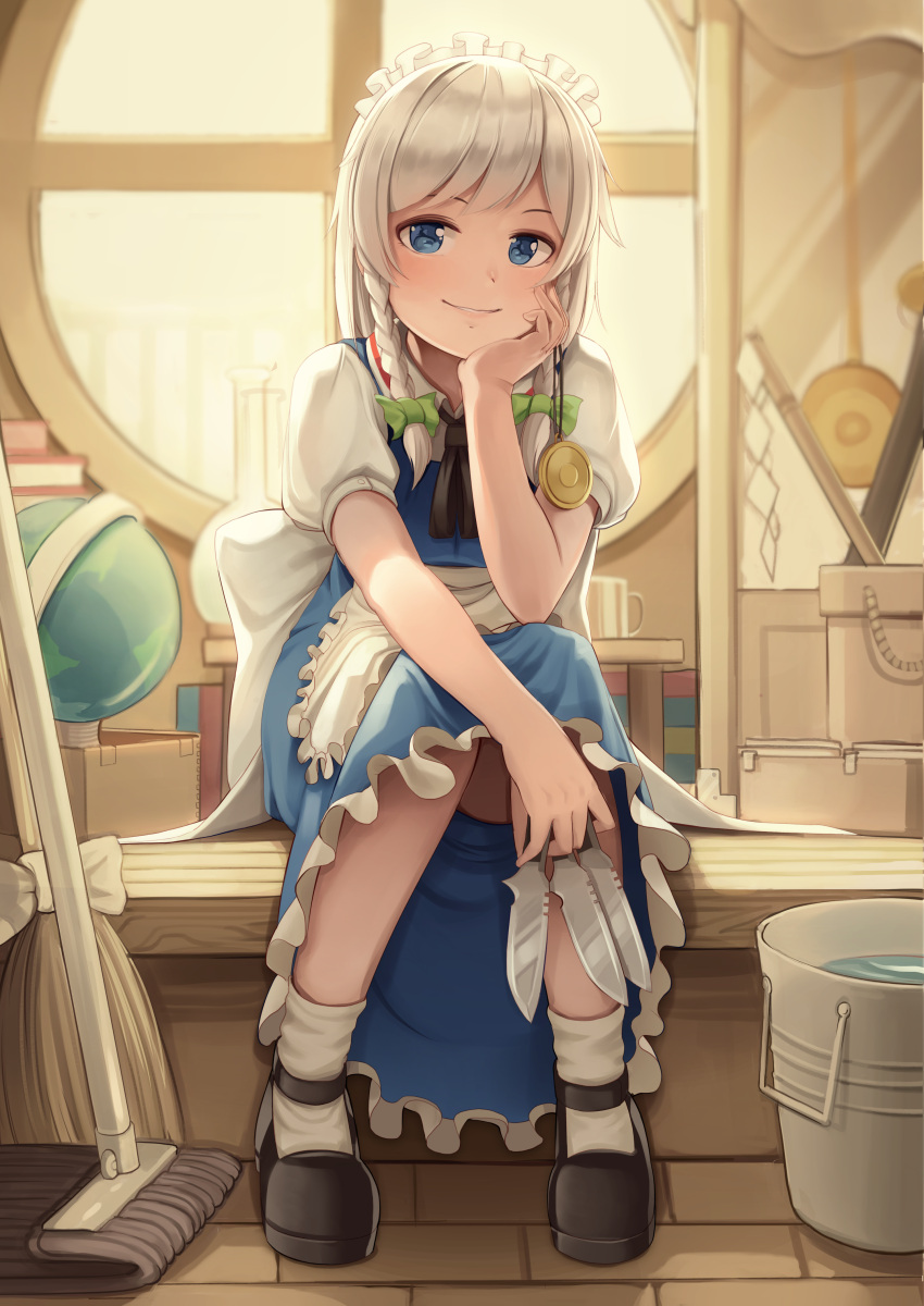1girl absurdres apron bangs beaker black_footwear black_neckwear black_ribbon blue_dress blue_eyes blush book bow box braid broom bucket cardboard_box chin_rest clock commentary_request cup dress frilled_apron frills full_body globe goback gohei grandfather_clock green_bow grin hair_bow hand_up highres holding holding_knife holding_pocket_watch holding_weapon indoors izayoi_sakuya knife lips looking_at_viewer maid maid_apron maid_headdress mary_janes mop neck_ribbon parted_lips pocket_watch puffy_short_sleeves puffy_sleeves railing ribbon shadow shide shirt shoes short_hair short_sleeves silver_hair sitting smile socks solo touhou twin_braids waist_apron watch water weapon white_apron white_bow white_legwear white_shirt window