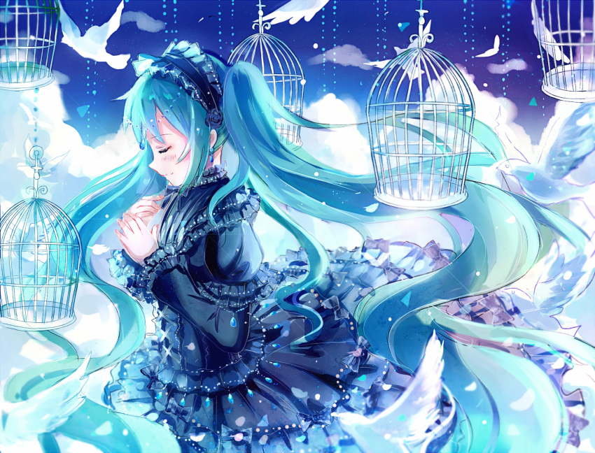 1girl absurdly_long_hair bird black_dress blue_hair blush closed_eyes dress eyebrows_visible_through_hair floating_hair from_side gothic_lolita hatsune_miku headdress highres iceblue lolita_fashion long_dress long_hair long_sleeves smile solo twintails very_long_hair vocaloid white_feathers