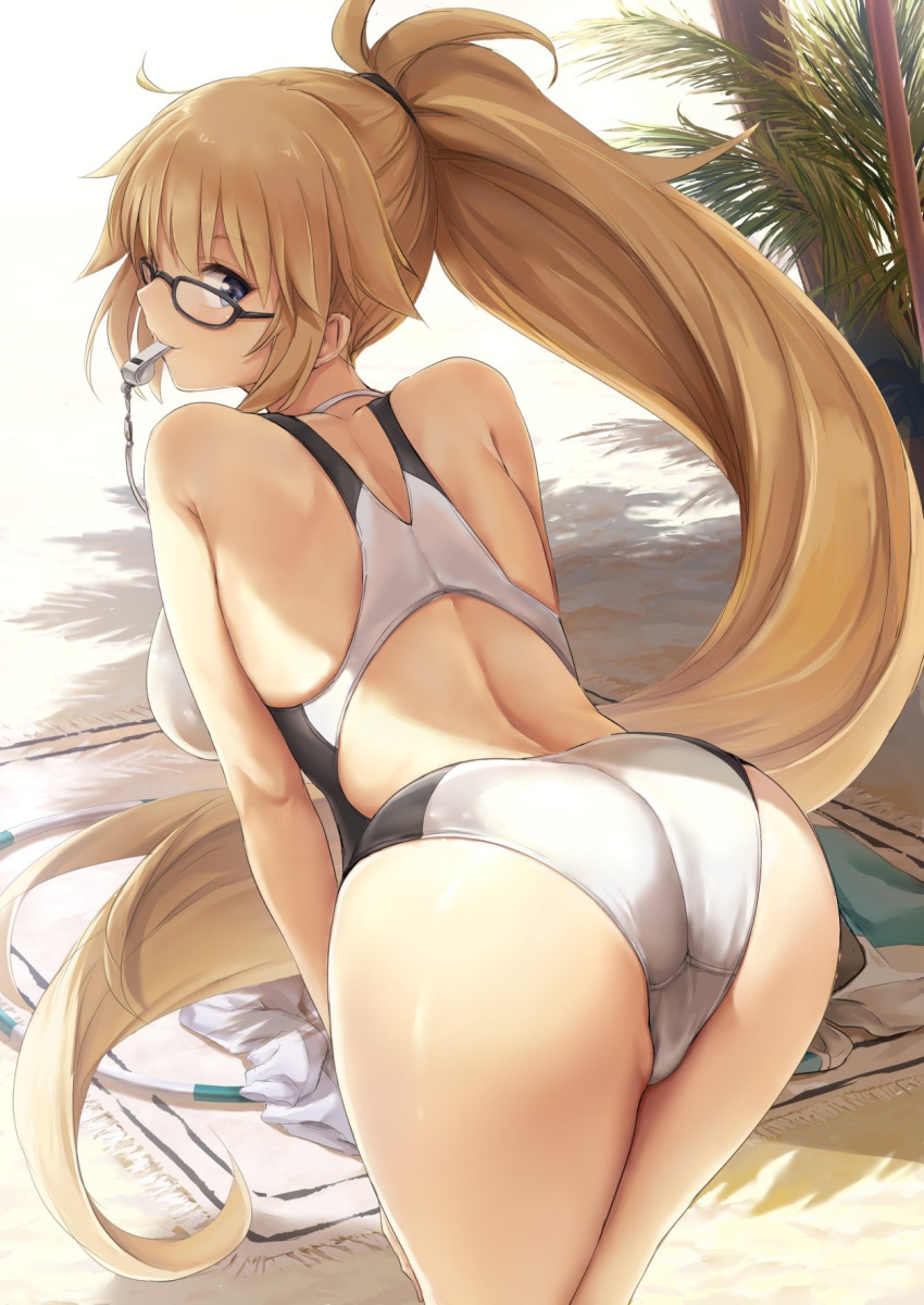 1girl akita_hika ass back bangs bare_shoulders black-framed_eyewear blonde_hair blue_eyes blush breasts commentary_request competition_swimsuit fate/grand_order fate_(series) from_behind glasses hair_between_eyes highres hips jeanne_d'arc_(fate)_(all) jeanne_d'arc_(swimsuit_archer) large_breasts leaning_forward long_hair looking_at_viewer looking_back mouth_hold one-piece_swimsuit palm_tree ponytail shade solo swimsuit thighs tree very_long_hair whistle whistle_around_neck white_background white_swimsuit