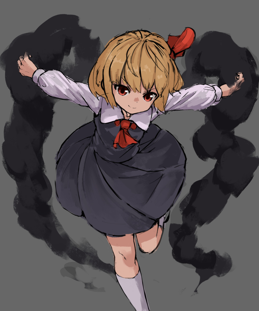 1girl absurdres ascot bangs black_dress blonde_hair closed_mouth darkness dress eyebrows_visible_through_hair hair_ribbon highres leg_up long_sleeves looking_at_viewer nob1109 outstretched_arms red_eyes red_neckwear red_ribbon ribbon rumia short_hair smile socks solo standing standing_on_one_leg touhou white_legwear