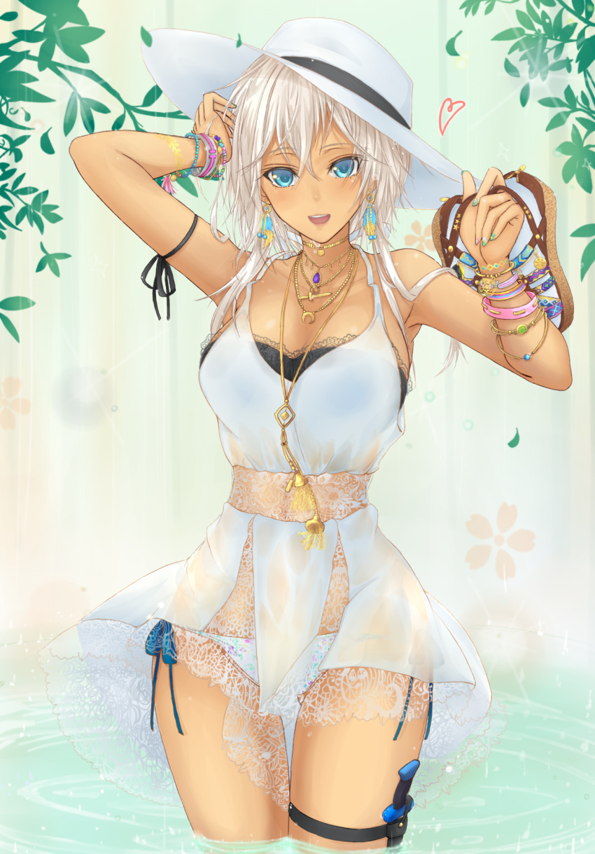 1girl :d alternate_costume aqua_nails arm_ribbon arm_up bandeau bangs bare_arms bare_shoulders bead_bracelet beads black_ribbon blue_eyes bracelet breasts cleavage collarbone commentary_request cowboy_shot dress earrings gluteal_fold hair_between_eyes halterneck hat heart highres holding_footwear holster izayoi_sakuya jewelry knife lace_trim large_breasts leaf mickey_dunn nail_polish necklace open_mouth panties pendant ribbon sandals short_hair side-tie_panties silver_hair smile solo standing tan thigh_holster thighs touhou underwear wading water white_dress white_hat white_panties