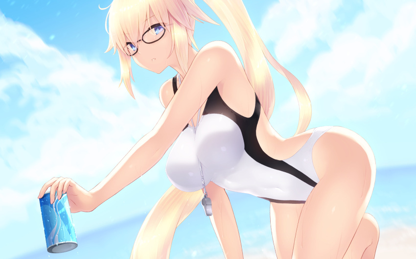 1girl bangs black-framed_eyewear blue_sky blurry blurry_background blush breasts cait can collarbone competition_swimsuit covered_navel fate/grand_order fate_(series) glasses hair_between_eyes highres hips jeanne_d'arc_(fate)_(all) jeanne_d'arc_(swimsuit_archer) large_breasts long_hair looking_at_viewer ocean one-piece_swimsuit parted_lips ponytail sky solo swimsuit thighs very_long_hair waist whistle whistle_around_neck white_swimsuit