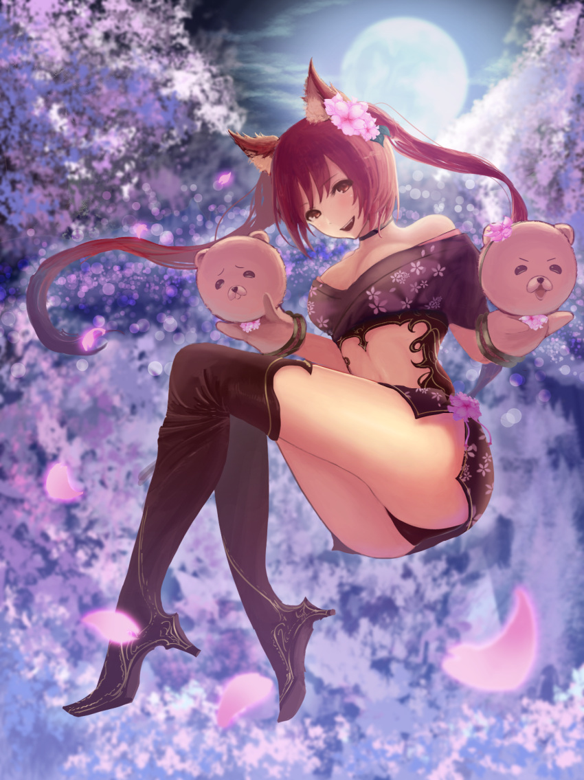 1girl :d animal_ears black_footwear black_panties boots breasts brown_eyes cerberus_(shingeki_no_bahamut) cherry_blossoms choker cleavage cutout eyebrows_visible_through_hair floating_hair fox_ears full_moon gloves hand_puppet high_heel_boots high_heels highres large_breasts long_hair looking_at_viewer moni_chon moon navel_cutout open_mouth outdoors panties puppet redhead shingeki_no_bahamut short_sleeves sight smile solo thigh-highs thigh_boots twintails underwear very_long_hair