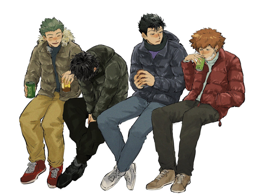 4boys ^_^ black_footwear black_hair black_jacket black_pants blue_pants blush brown_footwear brown_hair brown_jacket can closed_eyes cold crossed_ankles drinking ear_blush facing_down full_body fur-trimmed_jacket fur_trim giving green_hair hand_in_pocket highres hokari_atsushi holding holding_can hood hood_down hooded_jacket hunched_over invisible_chair jacket kageura_masato laughing lineup long_sleeves looking_at_another looking_to_the_side male_focus mask mask_pull mizukami_satoshi_(world_trigger) mouth_mask multiple_boys murakami_kou nose_blush open_clothes open_jacket own_hands_together pants red_footwear scarf shoes simple_background sitting sneakers socks soda_can spiky_hair torotakudon turtleneck v_arms warming_hands white_background white_footwear winter_clothes world_trigger yellow_pants