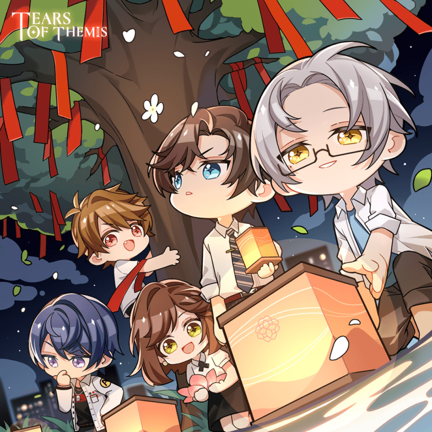 +_+ 1girl 4boys :d artem_wing_(tears_of_themis) belt black_pants black_shirt black_shorts black_skirt black_sky blue_eyes blue_necktie brown_eyes brown_hair brown_pants clouds cloudy_sky collared_shirt copyright_name english_commentary fang glasses green_eyes grin jacket lantern lily_pad luke_pearce_(tears_of_themis) marius_von_hagen_(tears_of_themis) medium_hair mole mole_on_neck multiple_boys necktie official_art open_clothes open_jacket open_mouth outdoors pants purple_hair rosa_(tears_of_themis) shirt short_sleeves shorts skirt sky smile tears_of_themis tree violet_eyes vyn_richter_(tears_of_themis) white_jacket white_shirt yellow_eyes