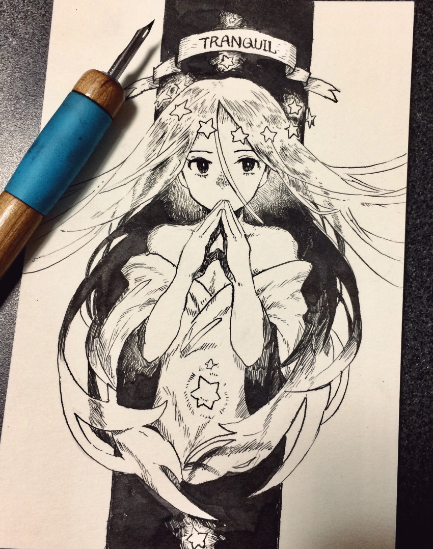 1girl bare_shoulders black_eyes fingers_together greyscale hands_together hatching_(texture) highres inktober kakuremino_(mnt55) long_hair monochrome original photo solo star