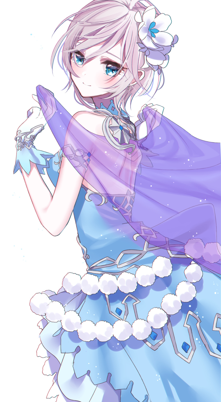 1girl anastasia_(idolmaster) bare_shoulders blue_dress blue_gloves blush dress flower from_behind gloves hair_flower hair_ornament highres idolmaster idolmaster_cinderella_girls looking_at_viewer misumi_(macaroni) short_hair silver_hair sleeveless sleeveless_dress smile solo