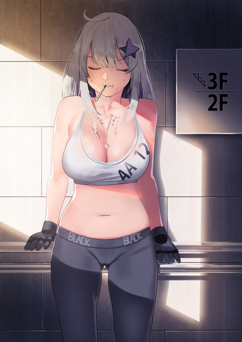 1girl aa-12_(girls_frontline) absurdres ahoge bags_under_eyes bangs bra breasts candy character_name chewing cleavage closed_eyes clothes_writing commentary_request cowboy_shot eyebrows_visible_through_hair food girls_frontline gloves grey_bra grey_gloves grey_pants hair_ornament highres ihobus large_breasts lollipop long_hair navel pants shade sidelocks silver_hair solo standing star star_hair_ornament stomach sweat underwear