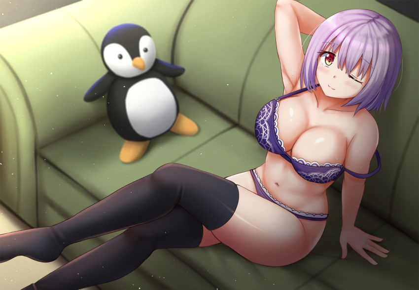 1girl ;) arm_support arm_up armpits bangs bare_arms bare_shoulders black_legwear blurry blurry_background blush bra breasts cleavage closed_mouth collarbone commentary couch depth_of_field english_commentary eyebrows_visible_through_hair from_above hair_between_eyes highres kazenokaze large_breasts legs_crossed looking_at_viewer looking_up no_shoes on_couch one_eye_closed panties purple_bra purple_hair purple_panties red_eyes shinjou_akane short_hair sitting smile solo ssss.gridman strap_slip stuffed_animal stuffed_penguin stuffed_toy thigh-highs underwear underwear_only