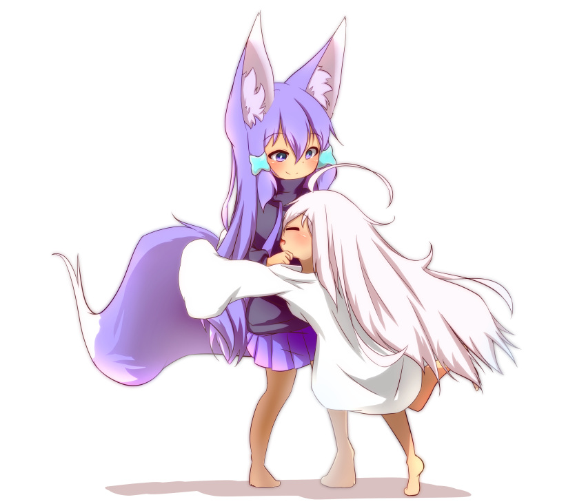 2girls :d absurdres ahoge animal_ear_fluff bangs barefoot black_hoodie blush closed_eyes closed_mouth commentary_request drawstring eyebrows_visible_through_hair food fox_girl fox_tail hair_between_eyes hair_ornament highres hood hoodie idaten93 long_hair long_sleeves multiple_girls open_mouth original oversized_clothes oversized_shirt pleated_skirt purple_hair purple_skirt ruua_(idaten93) shadow shirt skirt sleeves_past_fingers sleeves_past_wrists smile standing standing_on_one_leg tail till_(idaten93) very_long_hair violet_eyes white_background white_hair white_shirt