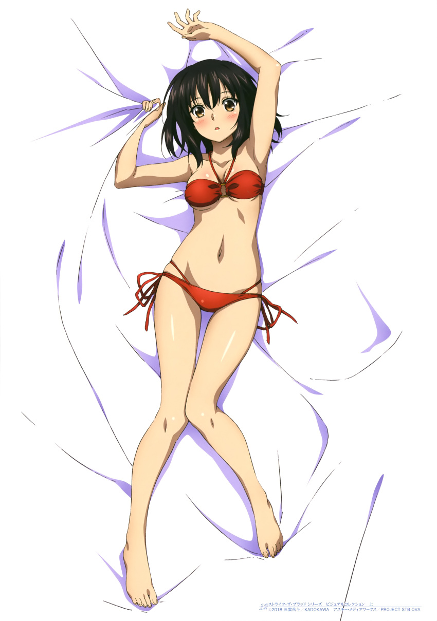 1girl 2018 absurdres arm_up armpits barefoot bed_sheet bikini black_hair blush breasts brown_eyes cleavage collarbone copyright_name dakimakura from_above full_body groin hair_between_eyes highres himeragi_yukina long_hair looking_at_viewer lying multi-strapped_bikini navel o-ring o-ring_bikini official_art on_back parted_lips red_bikini red_ribbon ribbon shiny shiny_skin side-tie_bikini solo strike_the_blood swimsuit under_boob