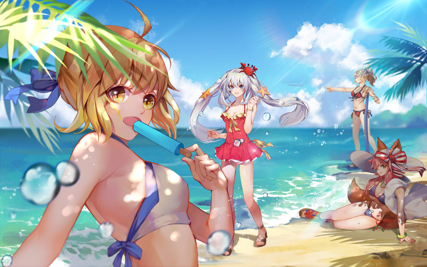 4girls ahoge animal_ear_fluff animal_ears artoria_pendragon_(all) artoria_pendragon_(swimsuit_archer) beach bikini blonde_hair blue_bikini blue_eyes blush braid breasts charlenechan925 cleavage collarbone crab crab_on_head day ears_through_headwear eyebrows_visible_through_hair fate/grand_order fate_(series) food fox_ears fox_tail french_braid front-tie_bikini front-tie_top green_eyes groin hair_ornament hair_scrunchie hat highres ice large_breasts long_hair looking_at_viewer marie_antoinette_(fate/grand_order) marie_antoinette_(swimsuit_caster)_(fate) medium_breasts mordred_(fate)_(all) mordred_(swimsuit_rider)_(fate) multiple_girls navel ocean one_eye_closed open_mouth outdoors palm_leaf palm_tree palms pink_hair pointing ponytail red_bikini red_scrunchie scrunchie side-tie_bikini silver_hair sky smile star star_hair_ornament sun_hat swimsuit tail tamamo_(fate)_(all) tamamo_no_mae_(swimsuit_lancer)_(fate) tree twintails very_long_hair white_bikini yellow_eyes