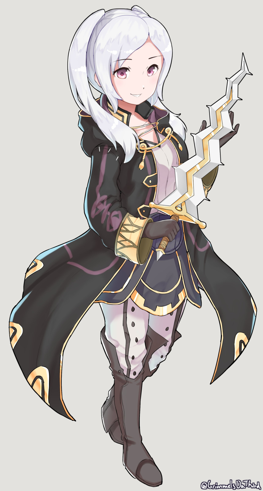 1girl absurdres female_my_unit_(fire_emblem:_kakusei) fire_emblem fire_emblem:_kakusei full_body gloves grey_background grimmelsdathird highres holding holding_sword holding_weapon hood hood_down long_hair long_sleeves my_unit_(fire_emblem:_kakusei) nintendo open_clothes open_robe parted_lips robe simple_background solo standing sword twintails twitter_username weapon white_hair