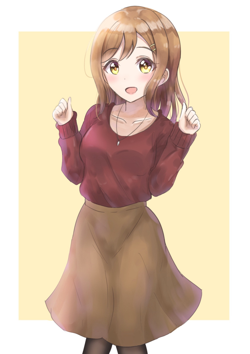 1girl :d bangs beige_background black_legwear blush breasts brown_hair brown_skirt brown_sweater collarbone commentary_request eyebrows_visible_through_hair hair_ornament hairclip hands_up highres kunikida_hanamaru long_hair long_sleeves love_live! love_live!_sunshine!! open_mouth pantyhose sin_(sin52y) skirt sleeves_past_wrists small_breasts smile solo sweater two-tone_background white_background yellow_eyes