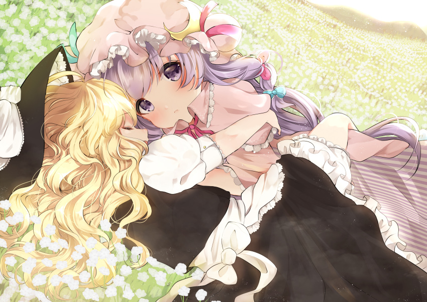 2girls absurdres black_dress blonde_hair blue_bow blue_ribbon blush bow bright_background closed_eyes commentary_request dress eyebrows_visible_through_hair flower flower_bed hair_bow hat hat_ribbon highres hug huge_filesize kirisame_marisa long_hair looking_at_viewer lying miri_(miri0xl) multiple_girls on_side patchouli_knowledge purple_hair red_bow red_neckwear red_ribbon ribbon touhou very_long_hair violet_eyes white_bow white_flower yuri