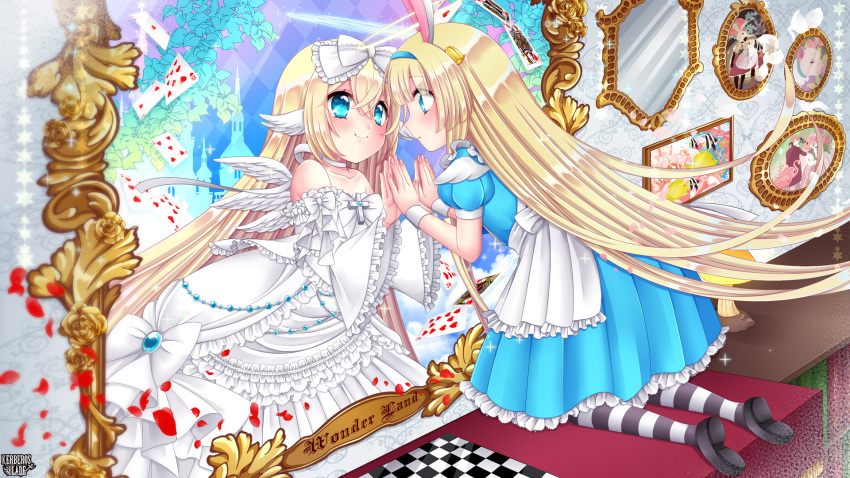 alice_(wonderland) animal_ears bare_shoulders black_footwear blonde_hair blue_dress blue_hairband bookshelf bow card checkered checkered_floor choker copyright_name cross different_reflection dress dress_bow eye_contact frilled_dress frills hair_between_eyes hair_bow hairband head_wings highres kerberos_blade kneeling long_hair looking_at_another mirror official_art painting_(object) pantyhose petals playing_card puffy_short_sleeves puffy_sleeves rabbit_ears reflection short_sleeves sorakase_sawa striped striped_legwear very_long_hair white_bow white_choker white_dress white_wings wings wrist_cuffs