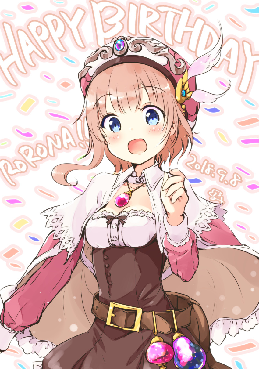 1girl :d absurdres atelier_(series) atelier_rorona belt blue_eyes blush brown_dress brown_hair capelet character_name confetti dated dress happy_birthday hat highres jewelry looking_at_viewer minidraco necklace open_mouth rororina_fryxell short_hair simple_background smile solo upper_body white_background