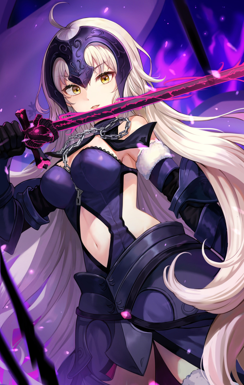 1girl absurdres ahoge armor armored_dress bangs blush breasts chains cleavage dress eyebrows_visible_through_hair fate/grand_order fate_(series) fur_trim gauntlets headpiece highres holding holding_sword holding_weapon jeanne_d'arc_(alter)_(fate) jeanne_d'arc_(fate)_(all) large_breasts long_hair looking_at_viewer medium_breasts open_mouth short_hair silver_hair smile solo sword thigh-highs tokkyu_(user_mwwe3558) weapon yellow_eyes