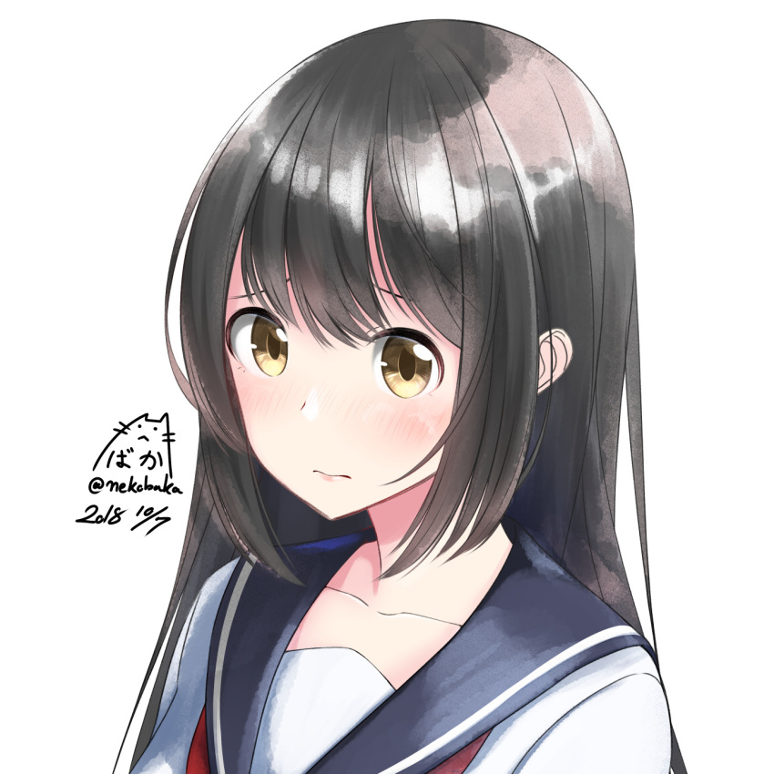 1girl bangs blue_sailor_collar blush brown_eyes brown_hair closed_mouth collarbone dated eyebrows_visible_through_hair hair_between_eyes highres long_hair looking_at_viewer nekobaka original sailor_collar school_uniform serafuku shirt signature simple_background solo twitter_username upper_body white_background white_shirt