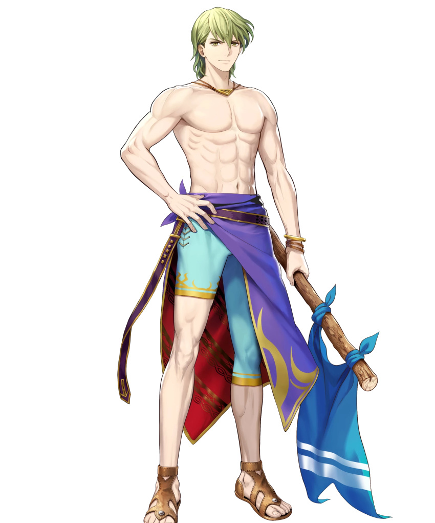 1boy blue_hair fire_emblem fire_emblem:_seima_no_kouseki fire_emblem_heroes full_body green_eyes green_hair highres innes male_focus mayachise nintendo official_art short_hair smile solo swimsuit