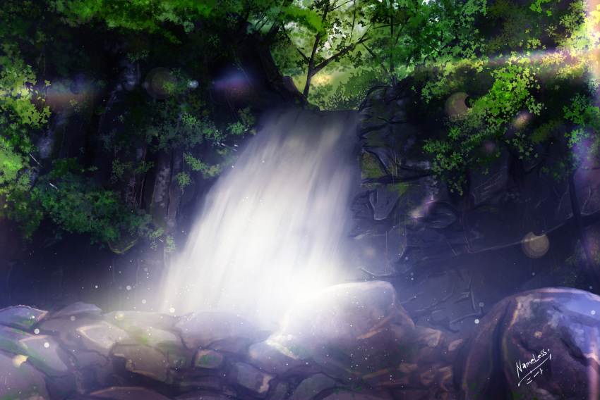 artist_name cliff commentary day english_commentary forest highres leaf light_particles moss nameless_neet nature no_humans original outdoors philippines rainbow real_world_location rock scenery signature steam sunlight tree water waterfall