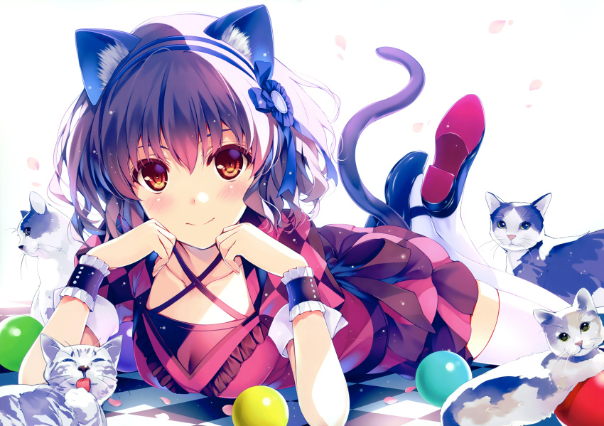1girl absurdres animal_ears black_footwear blue_hairband blush brown_eyes brown_hair cat cat_ears cat_tail checkered checkered_floor fang_out hair_between_eyes hairband head_rest highres huge_filesize layered_skirt looking_at_viewer lying mary_janes miniskirt misaki_kurehito on_stomach original shoes short_hair simple_background skirt smile solo tail thigh-highs white_background white_legwear wrist_cuffs