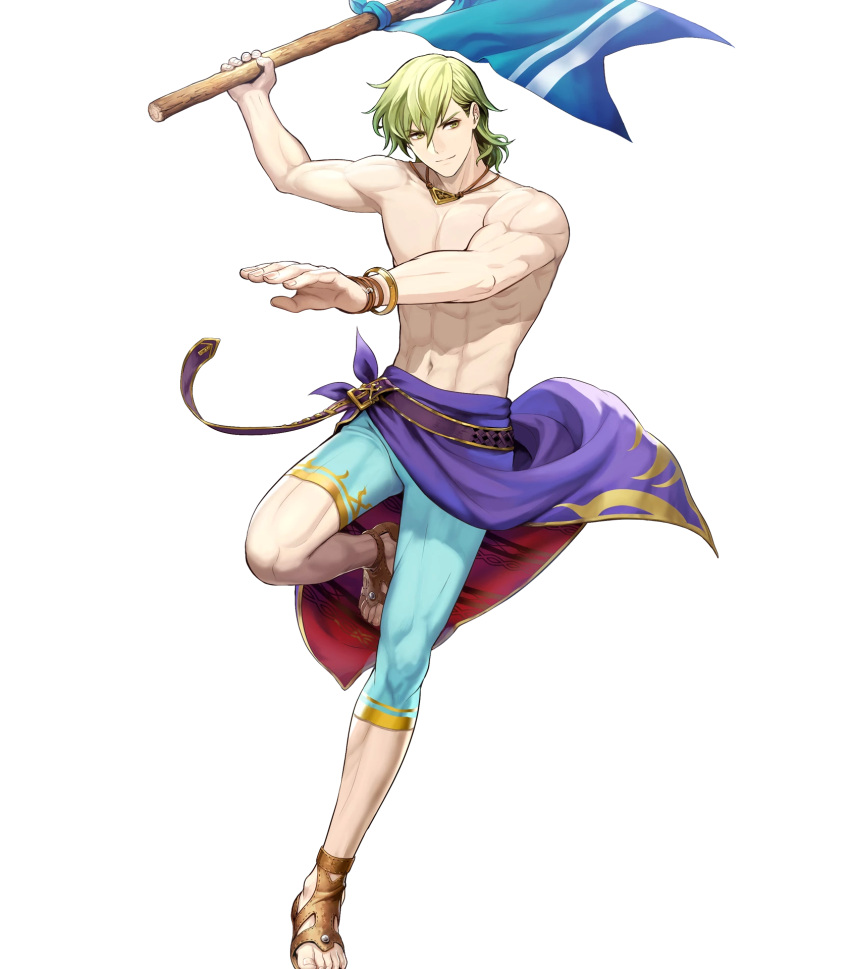 1boy fire_emblem fire_emblem:_seima_no_kouseki fire_emblem_heroes flag full_body green_eyes green_hair highres innes looking_at_viewer male_focus mayachise nintendo official_art short_hair simple_background smile solo swimsuit