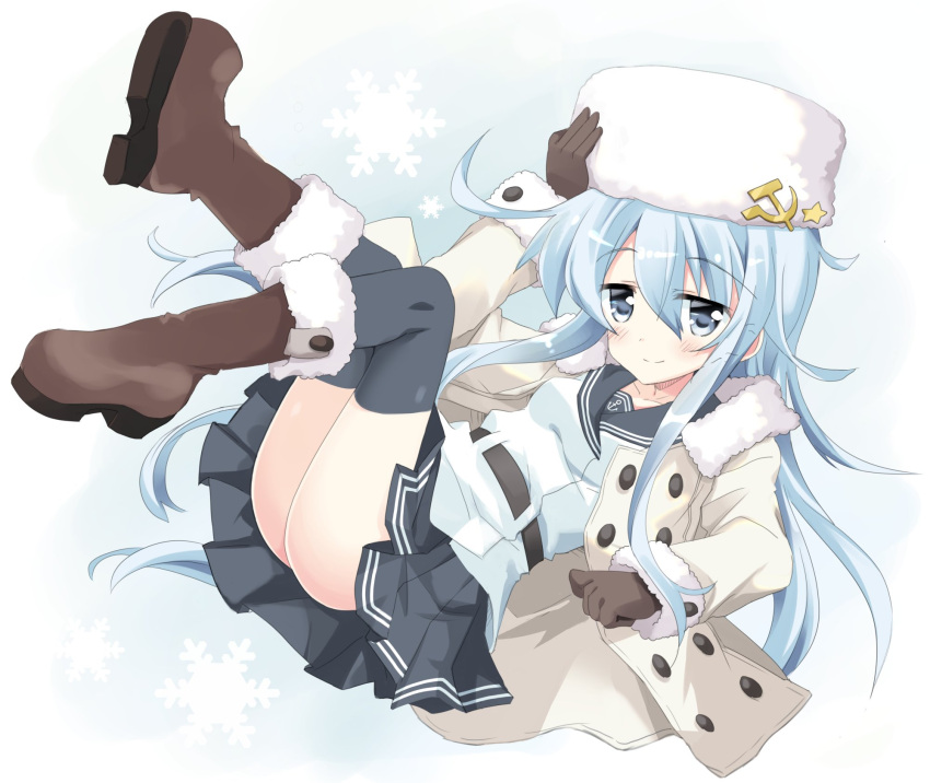 1girl anchor_symbol black_legwear black_sailor_collar black_skirt blue_eyes boots brown_footwear coat commentary_request full_body fur-trimmed_boots fur-trimmed_coat fur_trim hammer_and_sickle hat hibiki_(kantai_collection) highres hizuki_yayoi kantai_collection long_hair looking_at_viewer miniskirt papakha pleated_skirt remodel_(kantai_collection) sailor_collar school_uniform serafuku silver_hair skirt solo thigh-highs verniy_(kantai_collection) white_coat white_hat