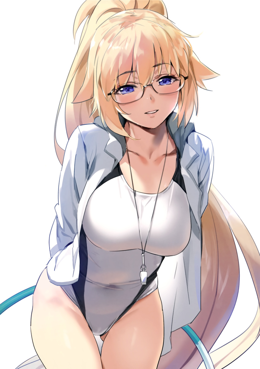 1girl absurdres arms_behind_back bangs bespectacled blonde_hair blue_eyes blue_jacket breasts collarbone competition_swimsuit cowboy_shot eyebrows_visible_through_hair fate/grand_order fate_(series) glasses gluteal_fold hair_between_eyes high_ponytail highres hoop hula_hoop jacket jeanne_d'arc_(fate) jeanne_d'arc_(fate)_(all) jeanne_d'arc_(swimsuit_archer) large_breasts leaning_forward long_hair long_sleeves looking_at_viewer one-piece_swimsuit open_clothes open_jacket parted_lips ponytail rimless_eyewear scan simple_background smile solo swimsuit thigh_gap track_jacket very_long_hair whistle whistle_around_neck white_background white_swimsuit yang-do
