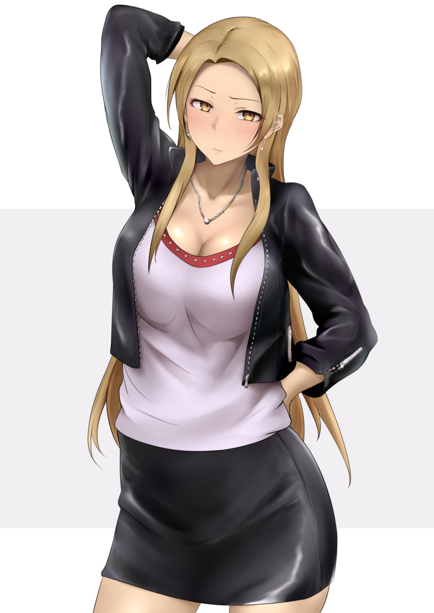 1girl arm_behind_head arm_up bangs black_jacket black_skirt blush breasts brown_eyes brown_hair cleavage closed_mouth collarbone earrings forehead gobi_(sobmobink) hand_on_hip highres hips idolmaster idolmaster_cinderella_girls jacket jewelry large_breasts long_hair looking_at_viewer matsunaga_ryou necklace open_clothes open_jacket parted_bangs shirt simple_background skirt solo thighs white_background white_shirt