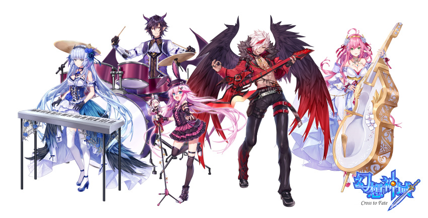 2boys 3girls :d :| ahoge arm_scrunchie aura_kingdom bare_shoulders belt black_footwear black_gloves black_hair black_pants black_wings blue_dress blue_flower blue_footwear blue_hair breasts cello character_request chibi cleavage closed_mouth copyright_name cravat cross cross_necklace dress drum drum_set drumsticks fingerless_gloves flat_chest flower gloves gothic_lolita grin guitar hair_flower hair_ornament hair_over_one_eye hairband hairclip high_heels highres horns instrument jewelry keyboard_(instrument) large_breasts leg_belt lolita_fashion medium_breasts microphone multicolored_hair multiple_boys multiple_girls music necklace official_art open_mouth pants pink_hair playing_instrument pointy_ears purple_vest redhead silver_hair smile standing two-tone_hair vest watermark white_background white_dress white_hair white_legwear white_neckwear wings yuya_(night_lily)